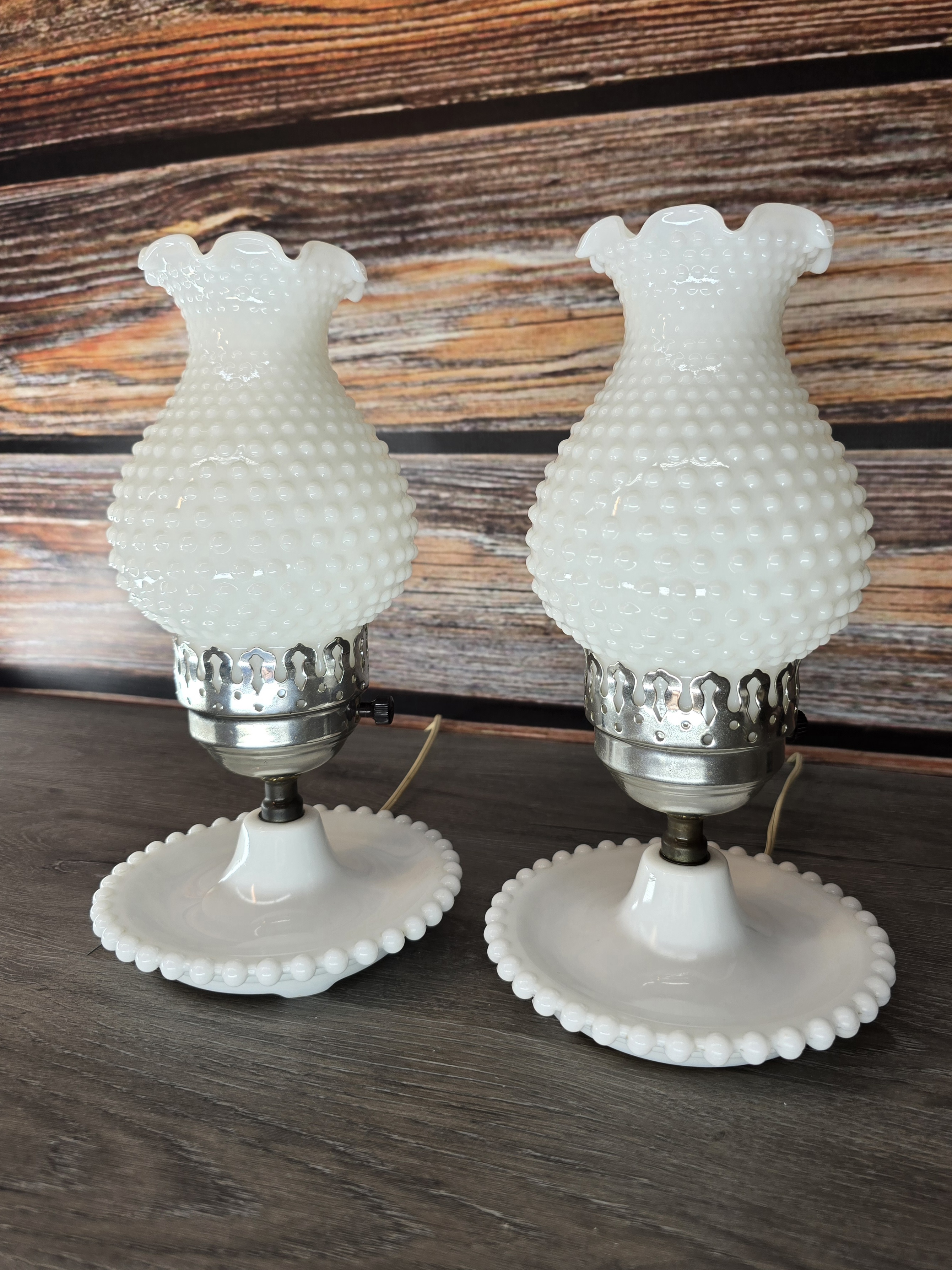 Pair of Vintage Milk Glass Hobnail Hurricane Lamps