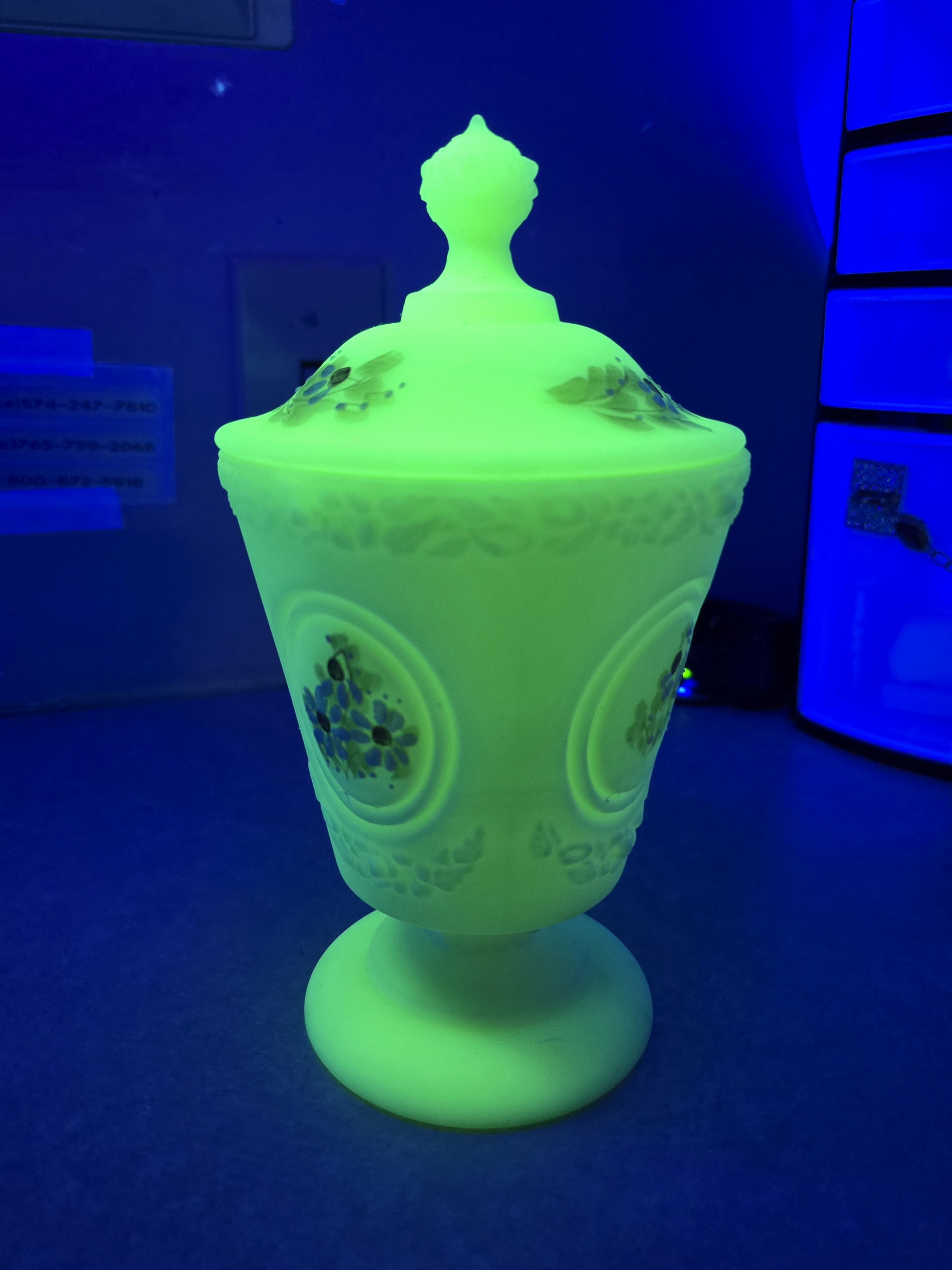 Fenton Uranium Glass Custard Covered Compote – Hand Painted, Signed