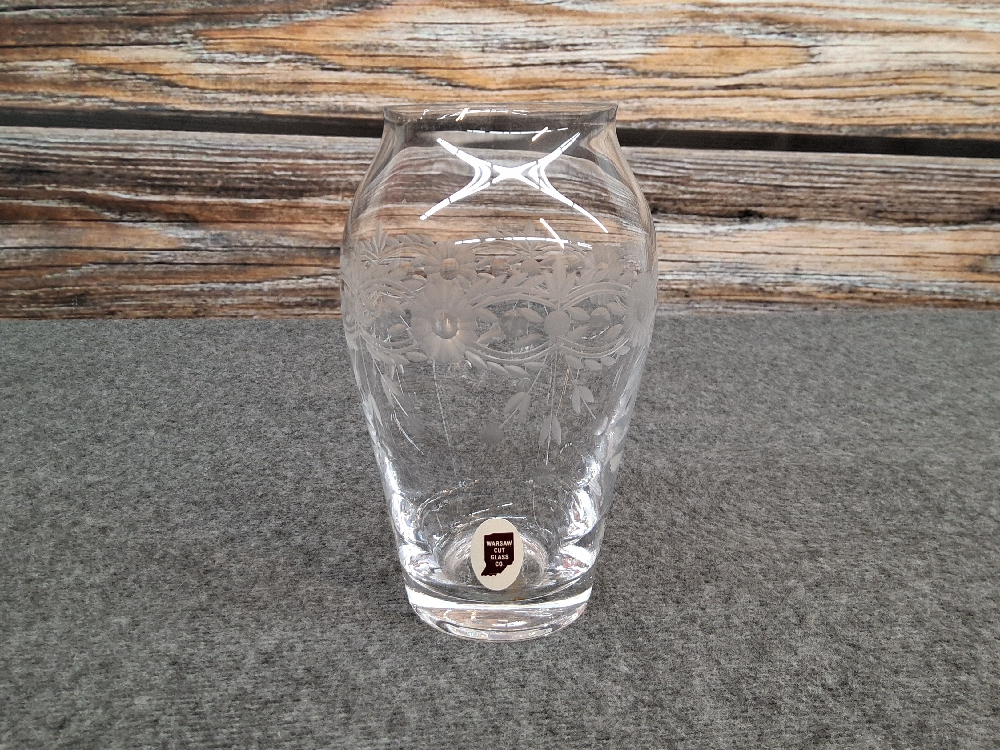 Warsaw Cut Glass Floral Etched Vase