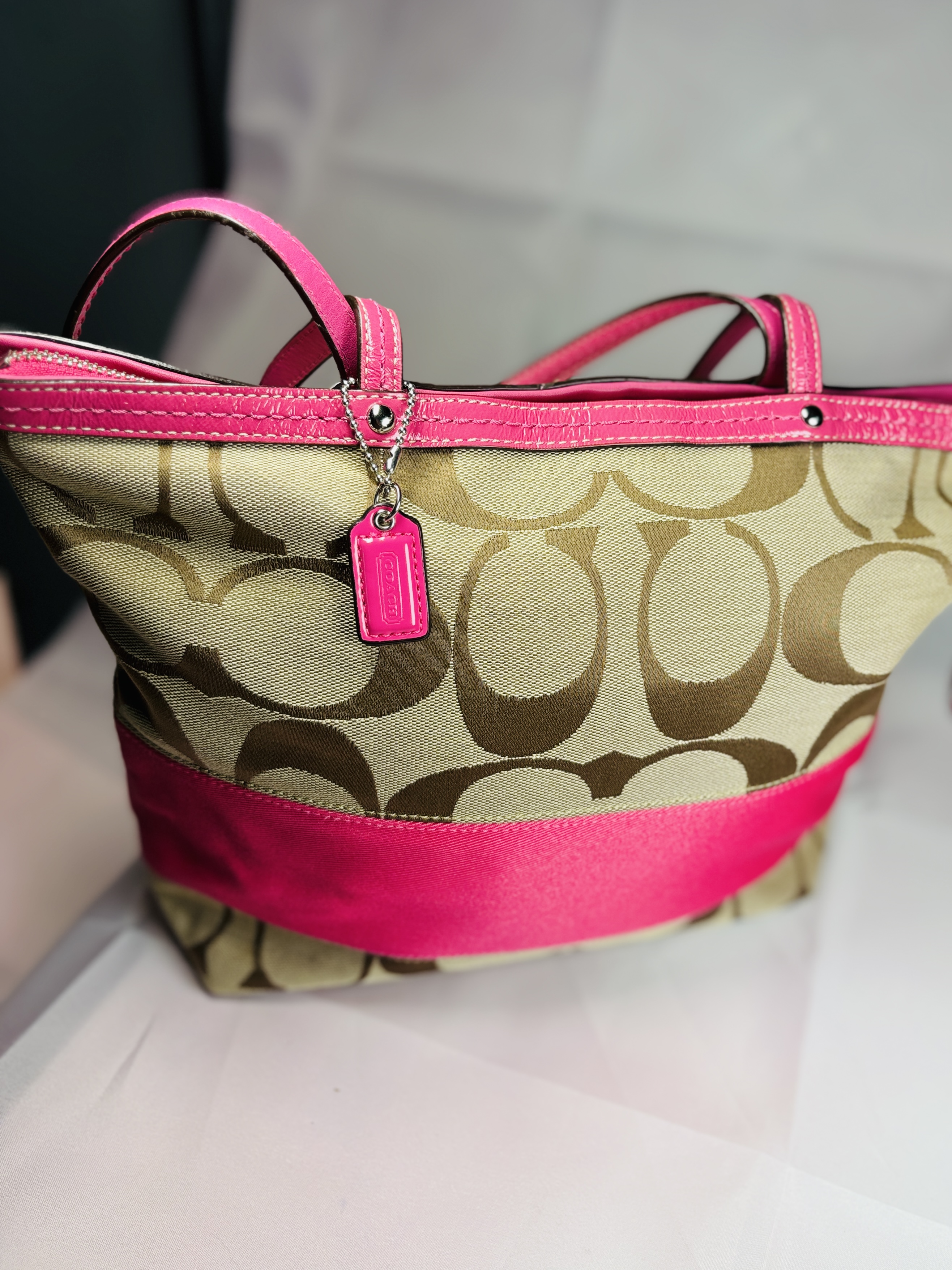 Coach Signature Monogram Purse Bag With Pink Leather Trim & Hang Tag