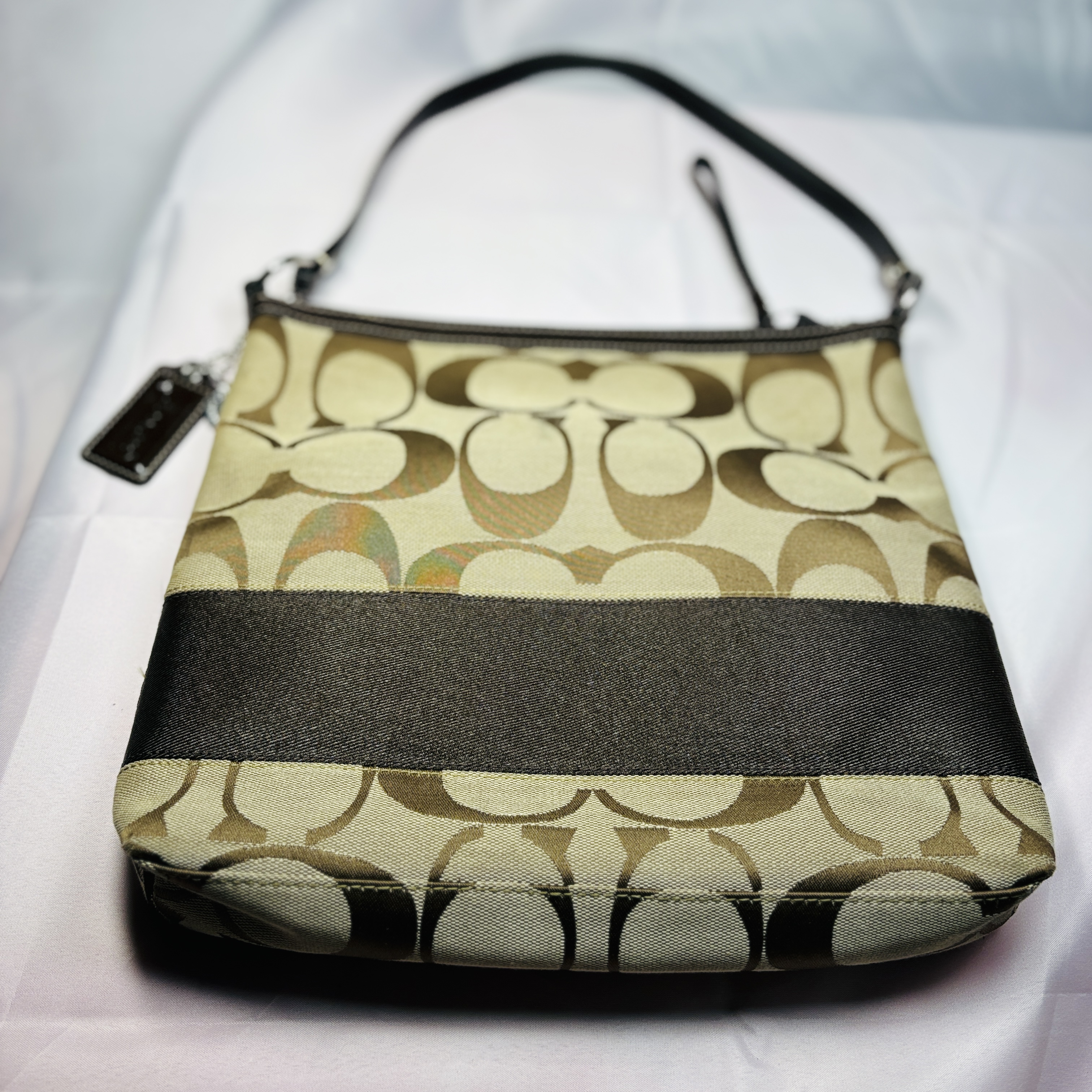 COACH Signature Stripe Khaki Dark Brown Jacquard Shoulder Bag