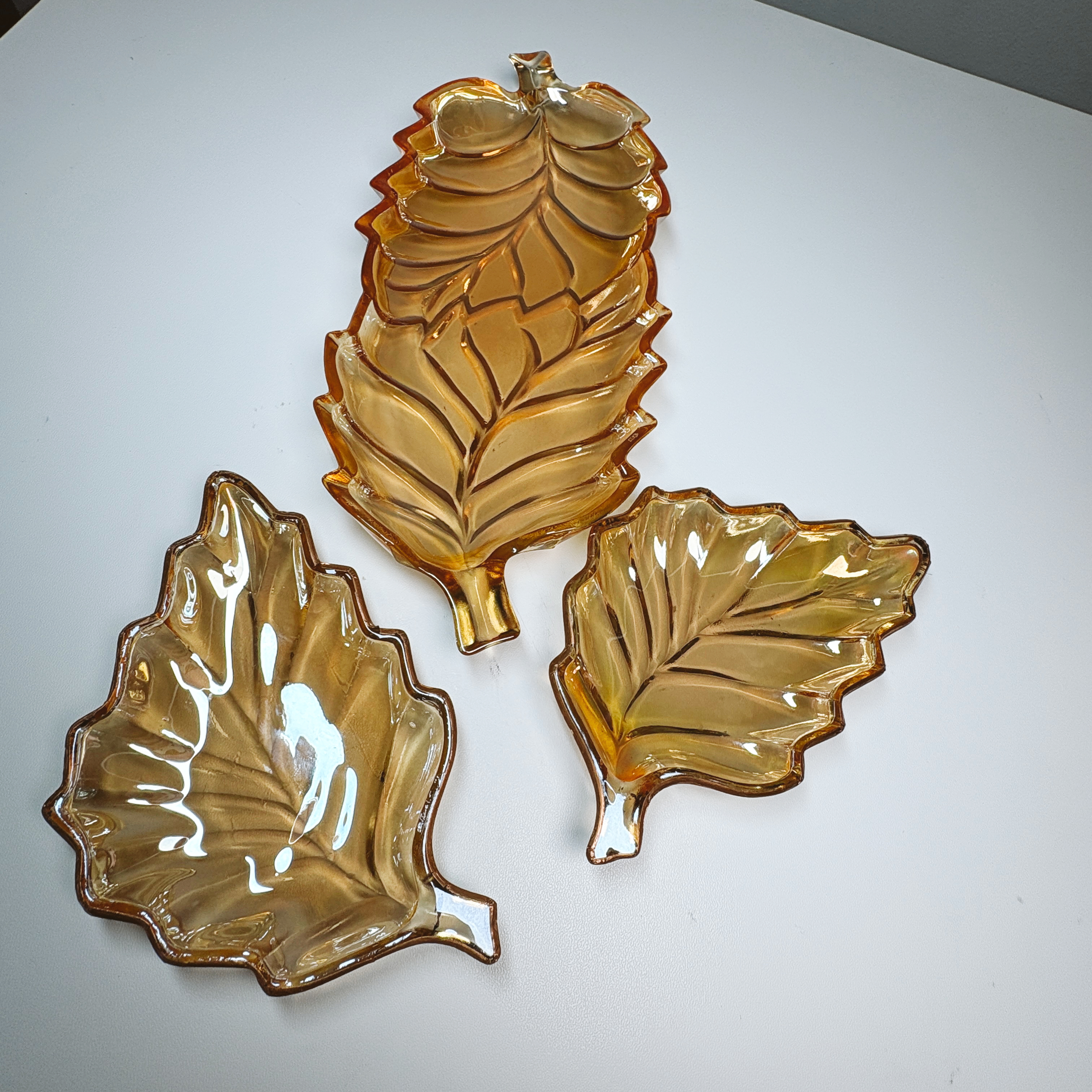 Vintage Carnival Glass Stacking Leaf Dishes Set Iridescent Gold Amber Fall Decor