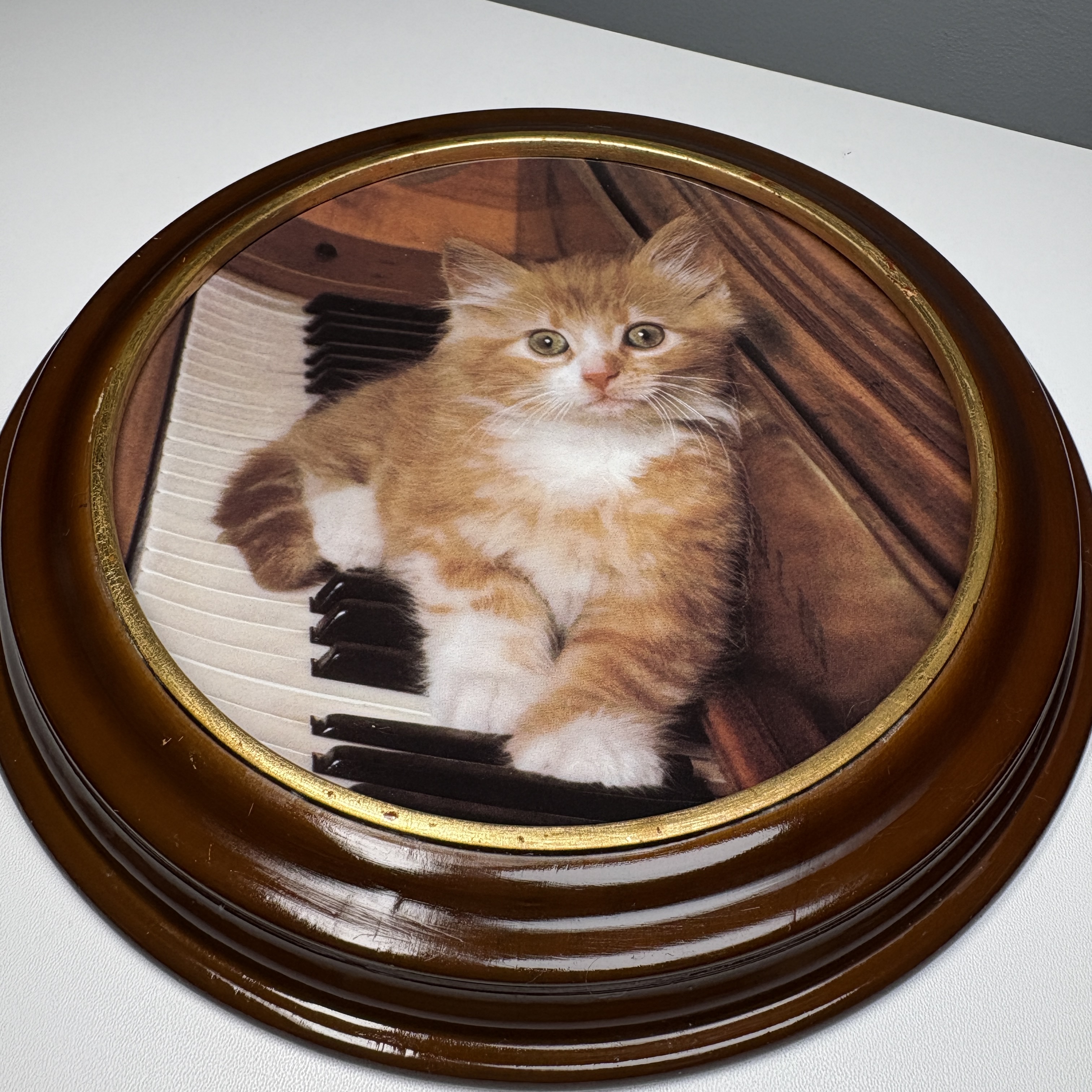 Vintage Framed Plate Kitten On Keys Brown Gold Frame Cat Art