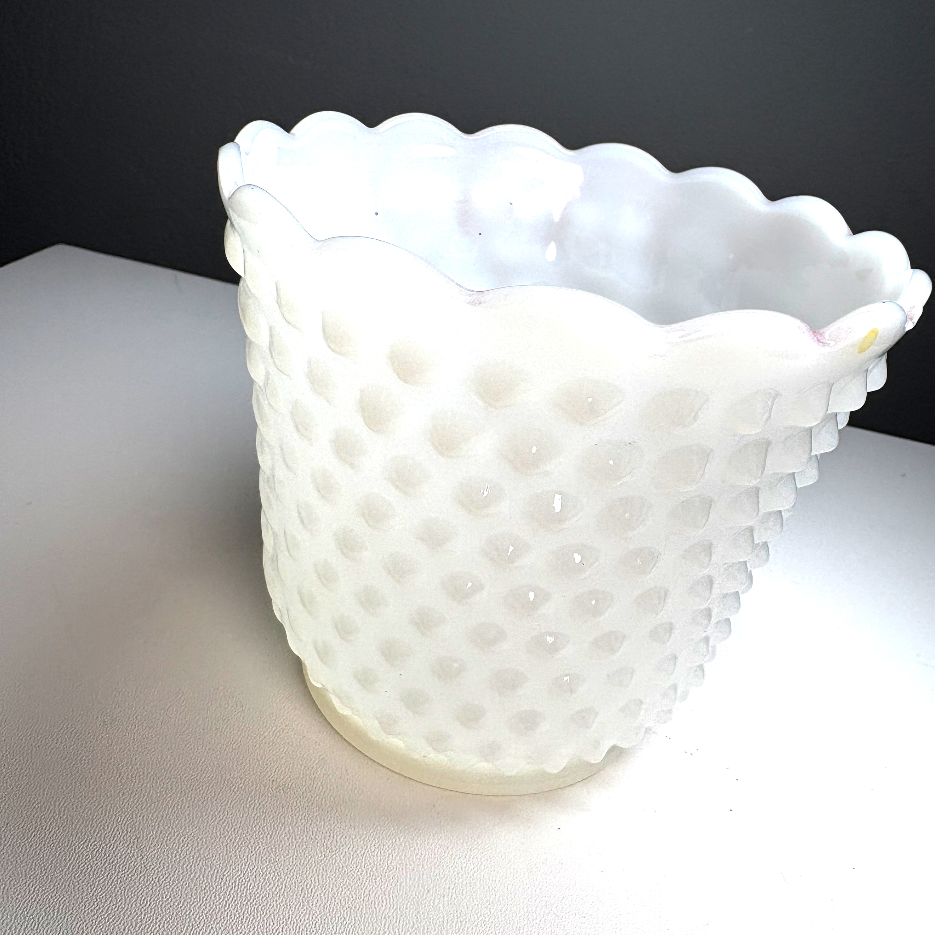 Fire King Planter Vase White Hobnail Ruffled Rim Oven Safe Vintage Mid Century