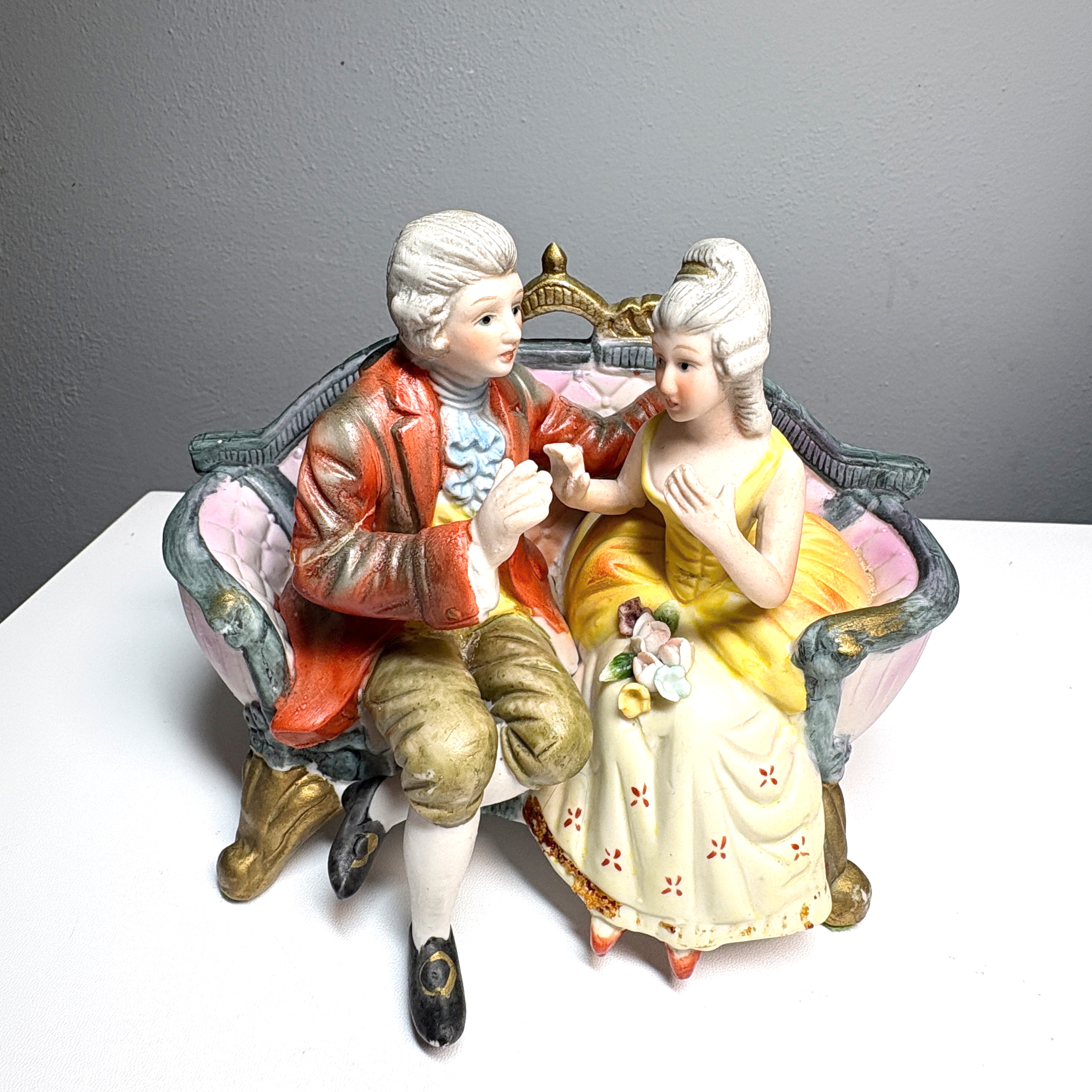 ROYAL CROWN Figurine Multi-colored Musical Couple Rococo Style Bridgerton Fan