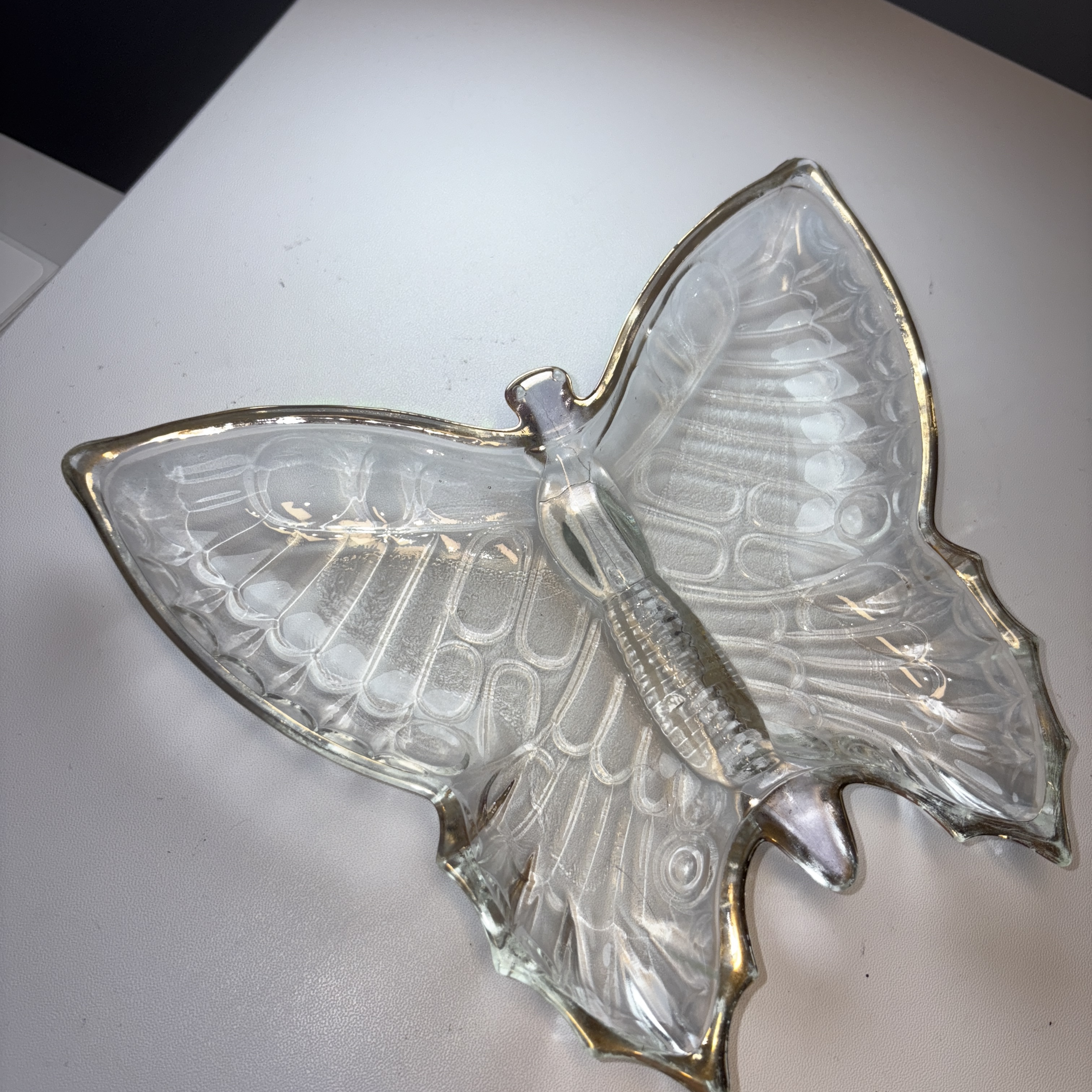 Jeannette Clear Glass Butterfly Divided Dish Vintage 1950 Gold Trim
