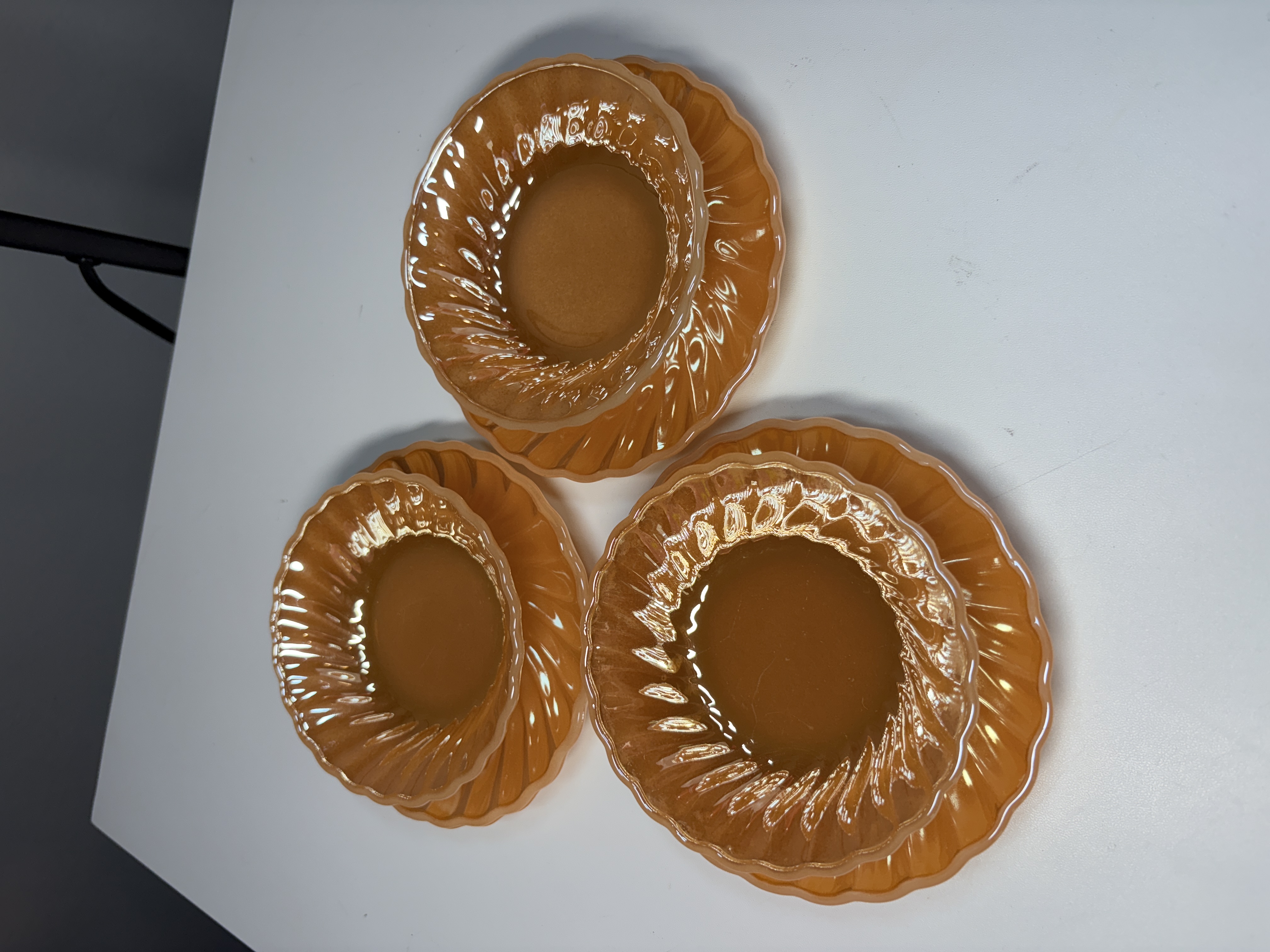 Vintage Anchor Hocking Peach Luster Bowls and Plates Swirl Design Set of 3