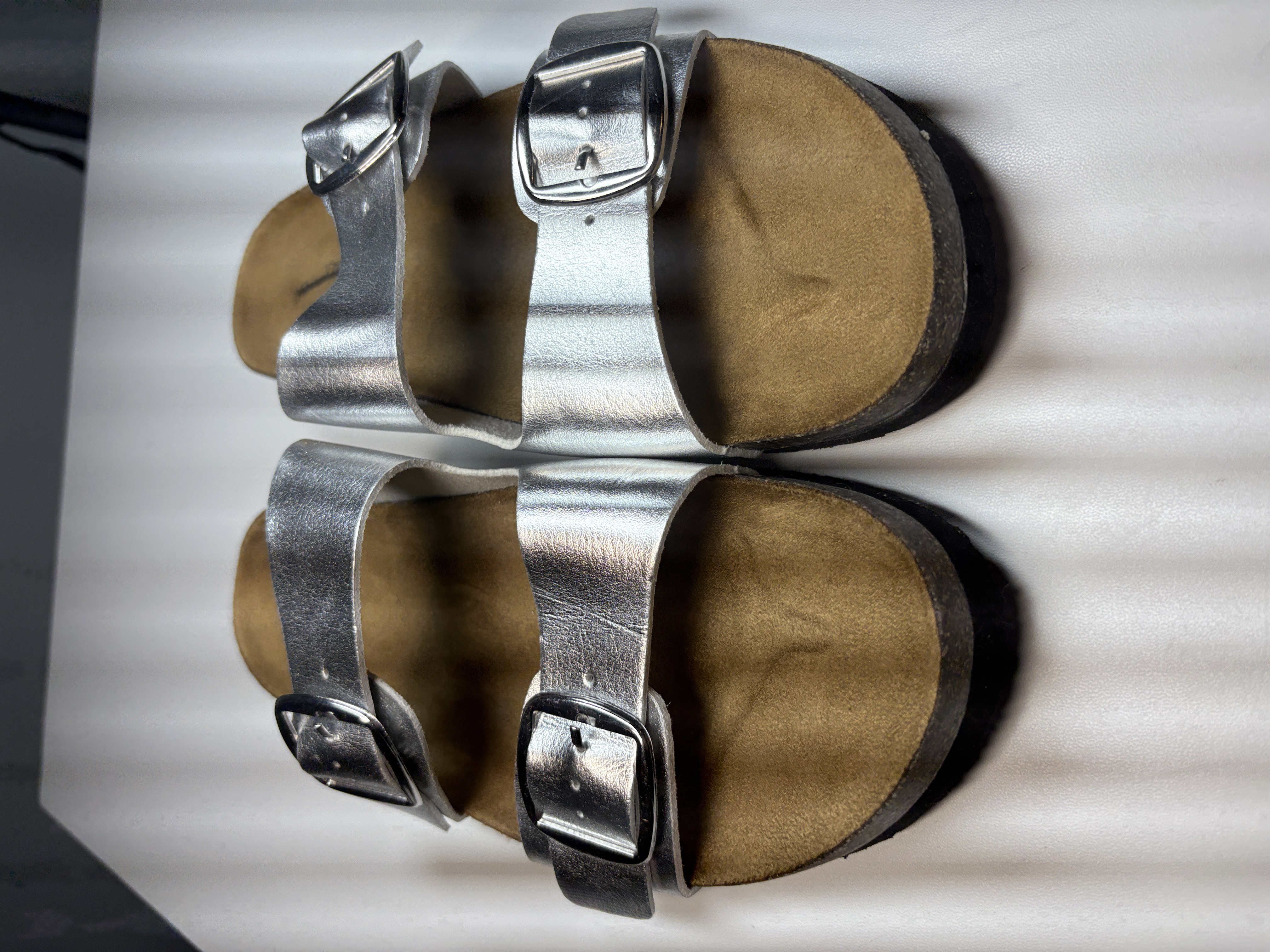 Women’s Silver Metallic Double Buckle Sandals – Cork Footbed Slides – Size 7/8 Adjustable Straps