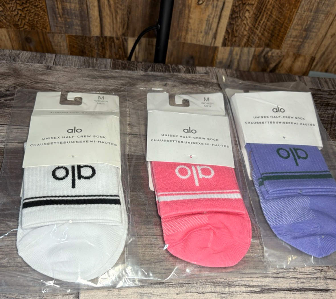 Alo Yoga Unisex Half-Crew Socks – Set of 3 (purple, White, Pink) – Size M & L