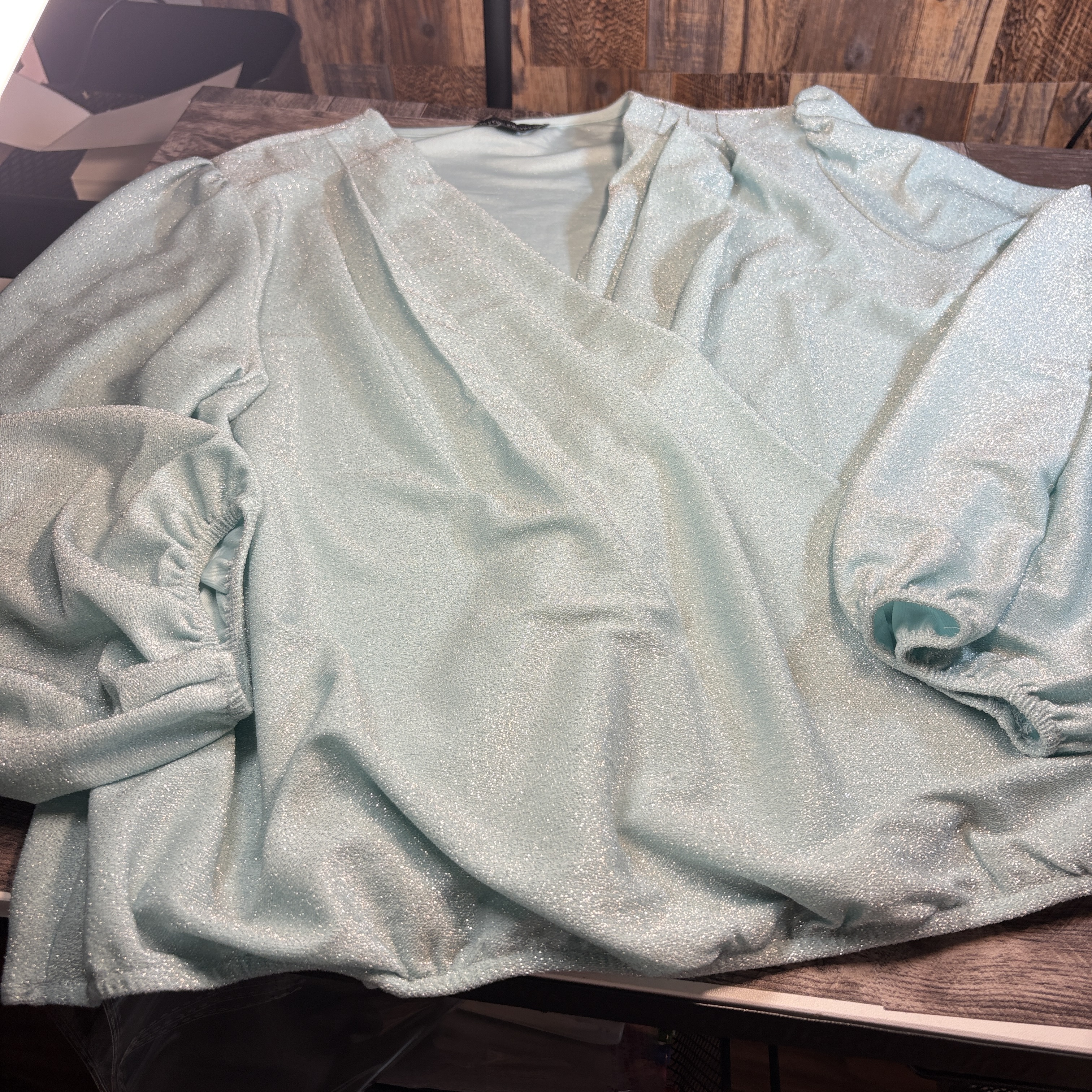 Boston Proper Metallic light blue Wrap Blouse – Size XL