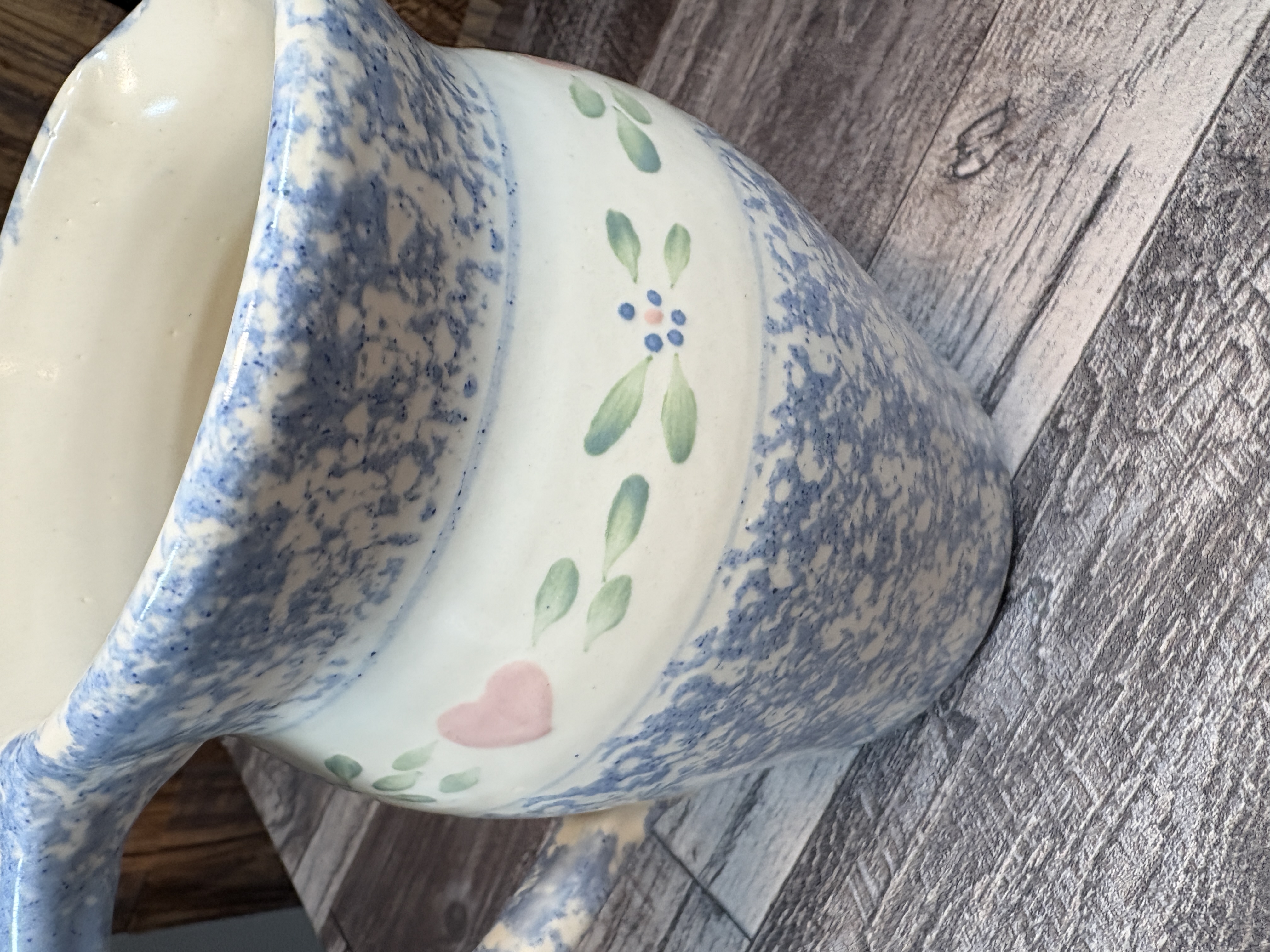 Marshall East Texas Pottery 6" Milk Pitcher Blue Spongeware Hearts & Flowers