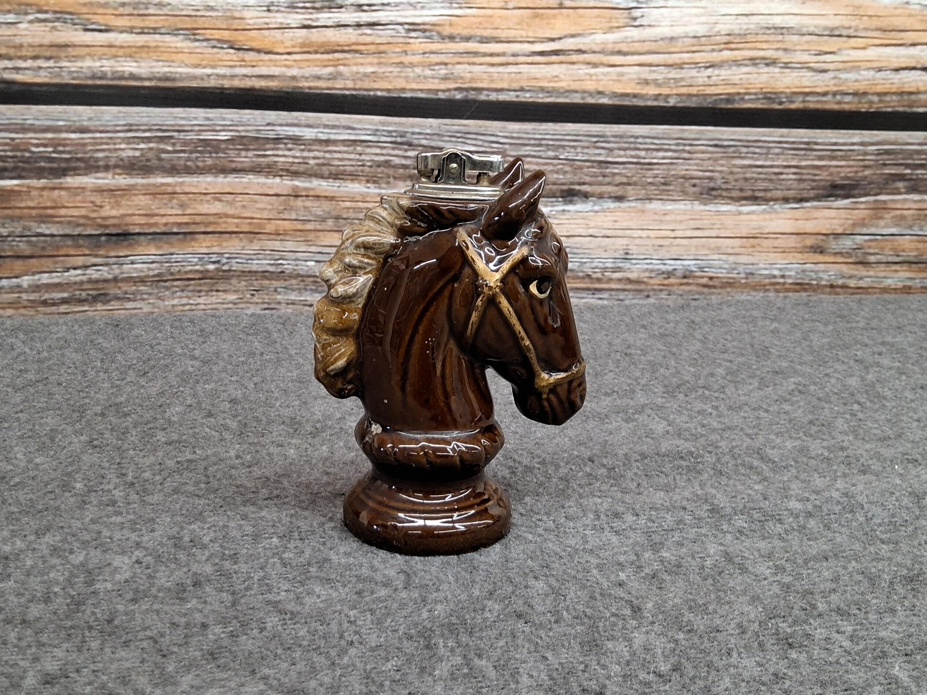 Vintage Brown Glaze Ceramic Horse Head Lighter