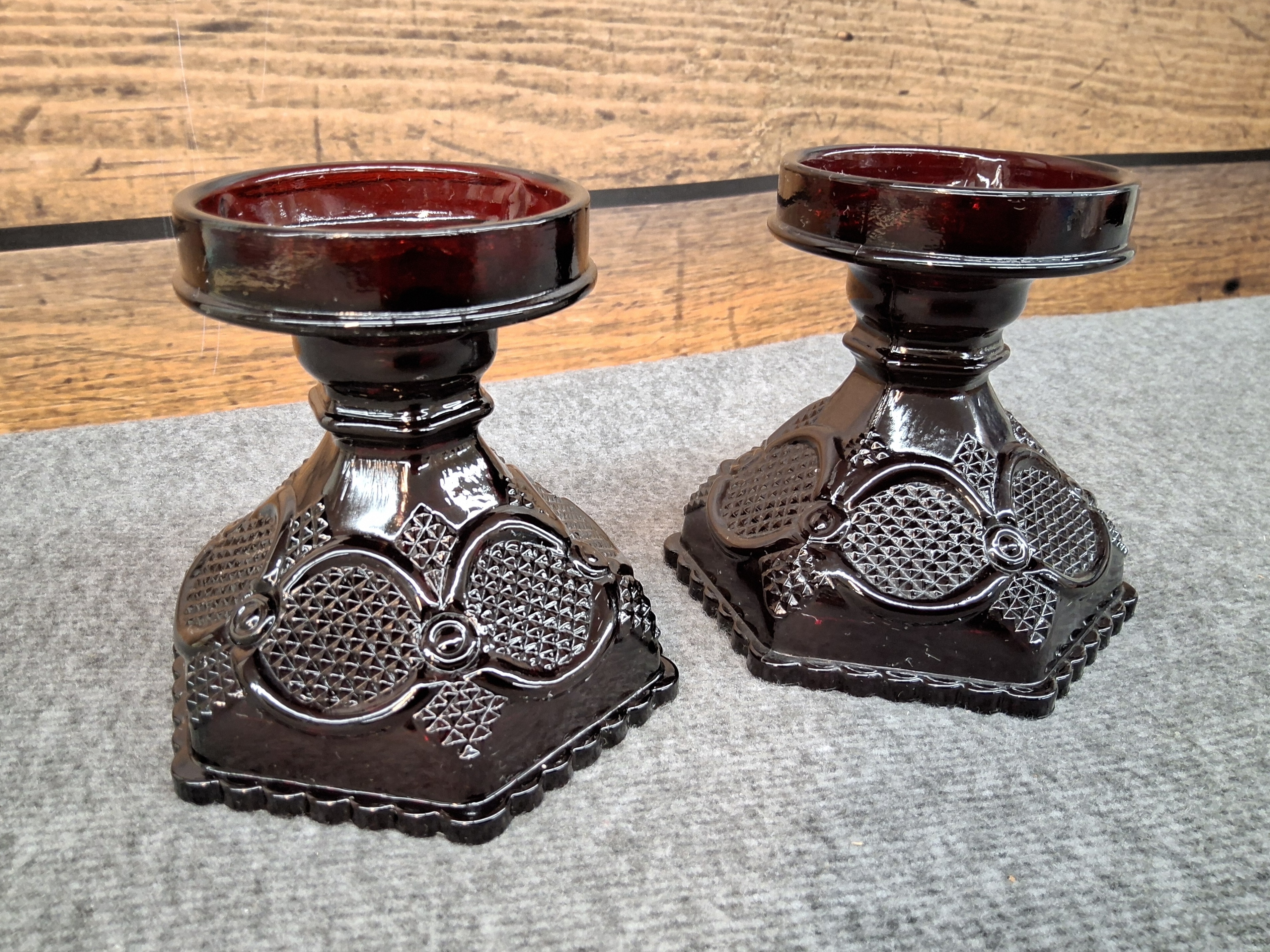 Pair of Vintage Avon Ruby Red Glass Candle Holders