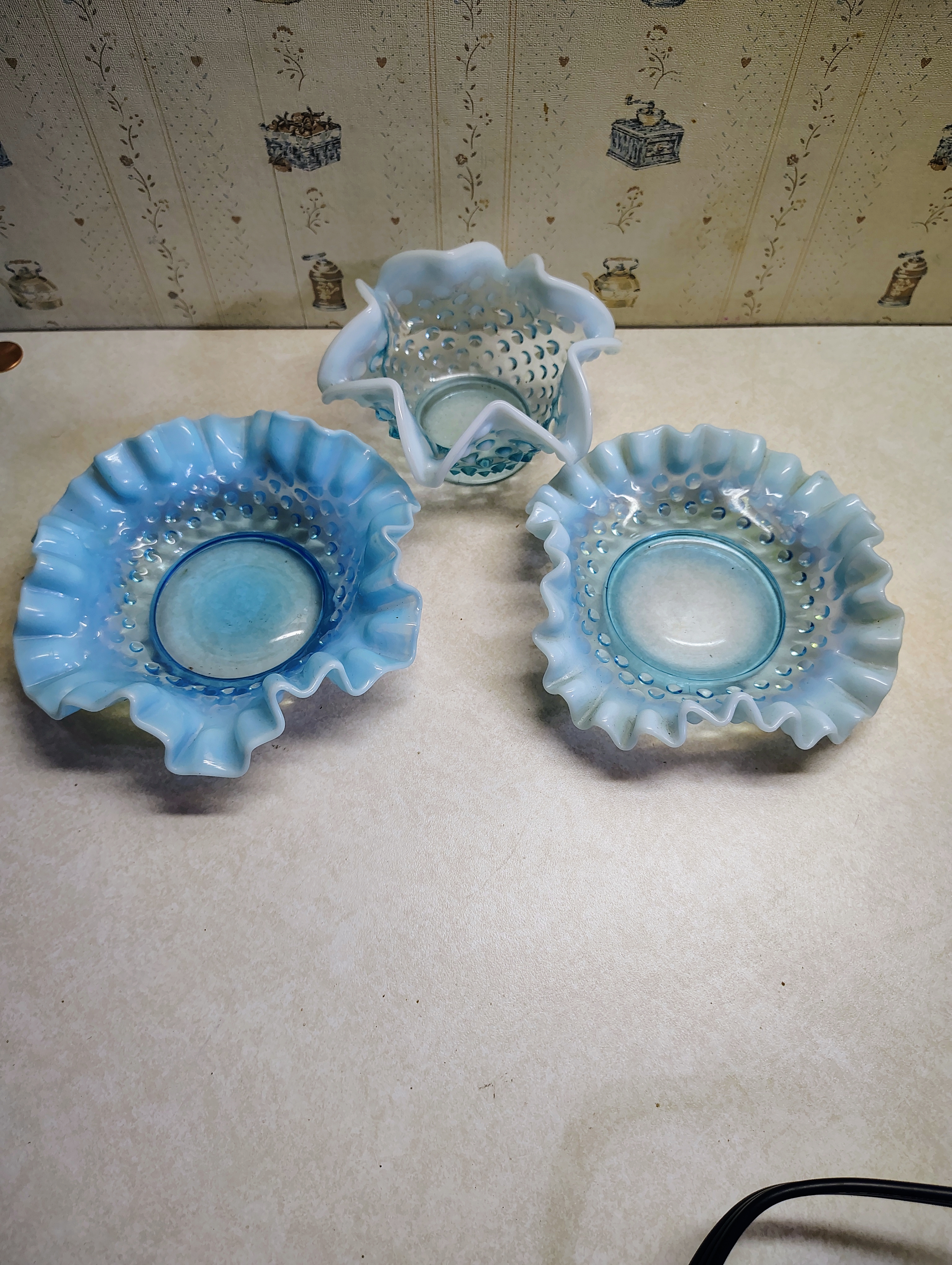 3 blue opelascent candy dishes frnton and others