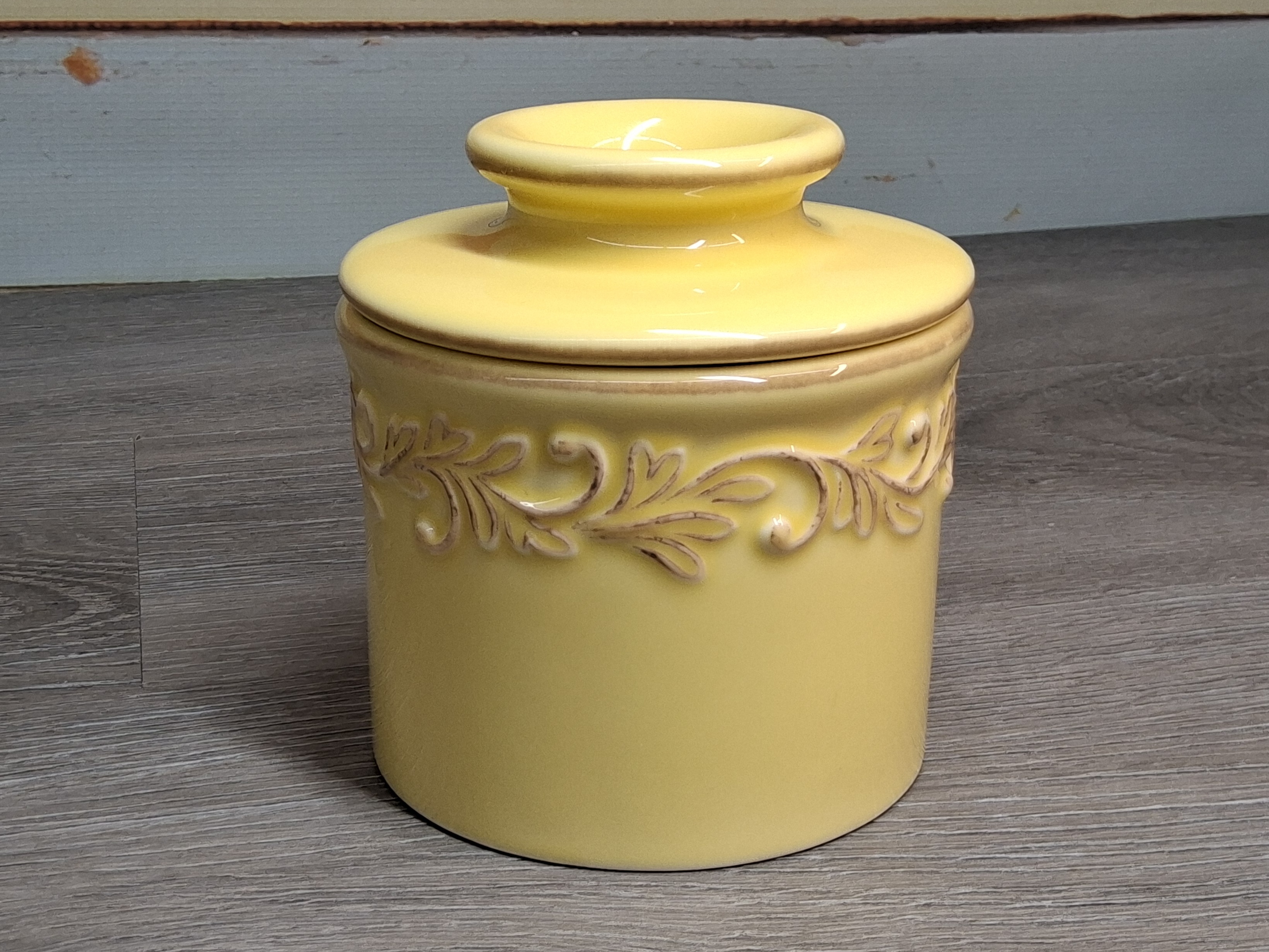 Light Yellow Ceramic Butter Crock with Scroll Design