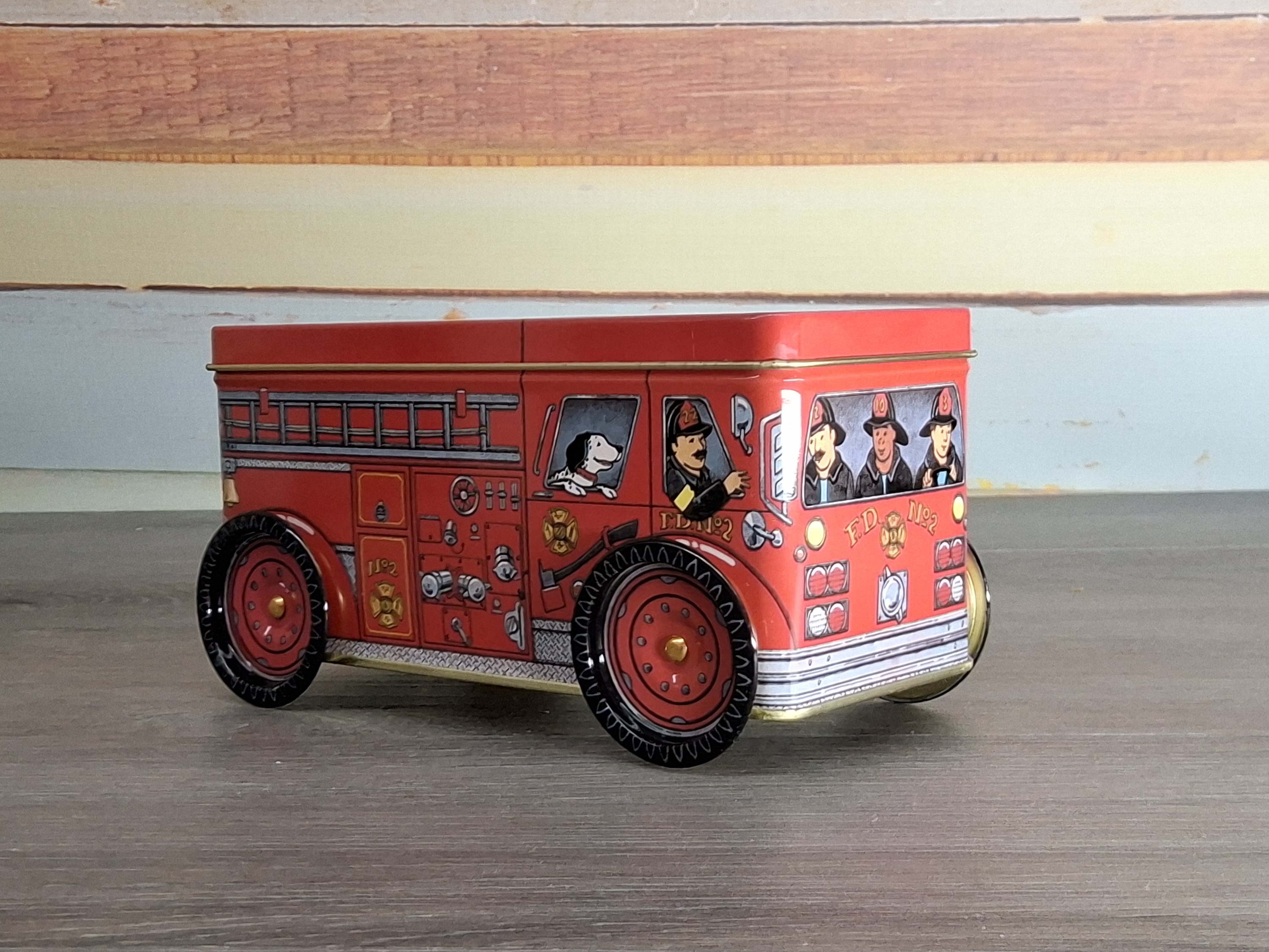 Vintage Fire Truck Shaped Tin Storage Box