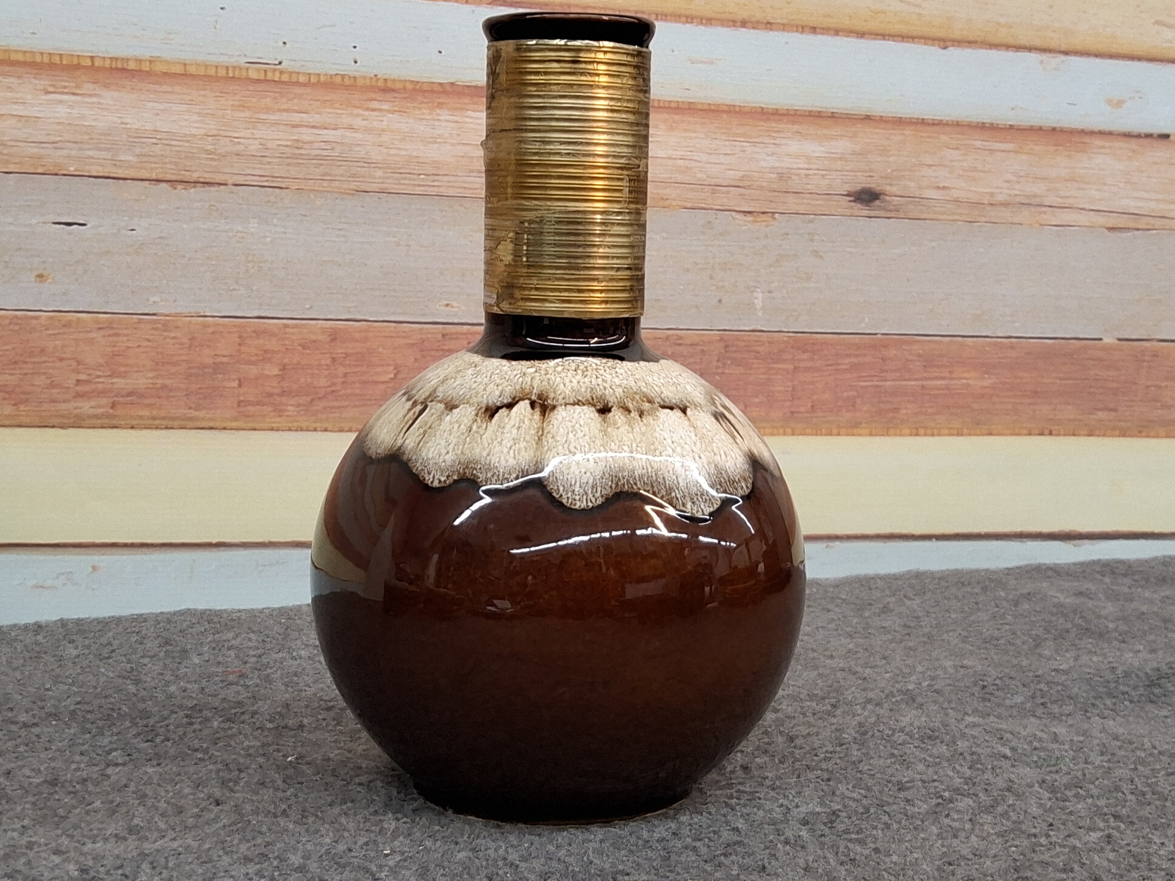 Vintage Mid-Century Modern Brown Ceramic Drip Glaze Vase with Wrapped Neck