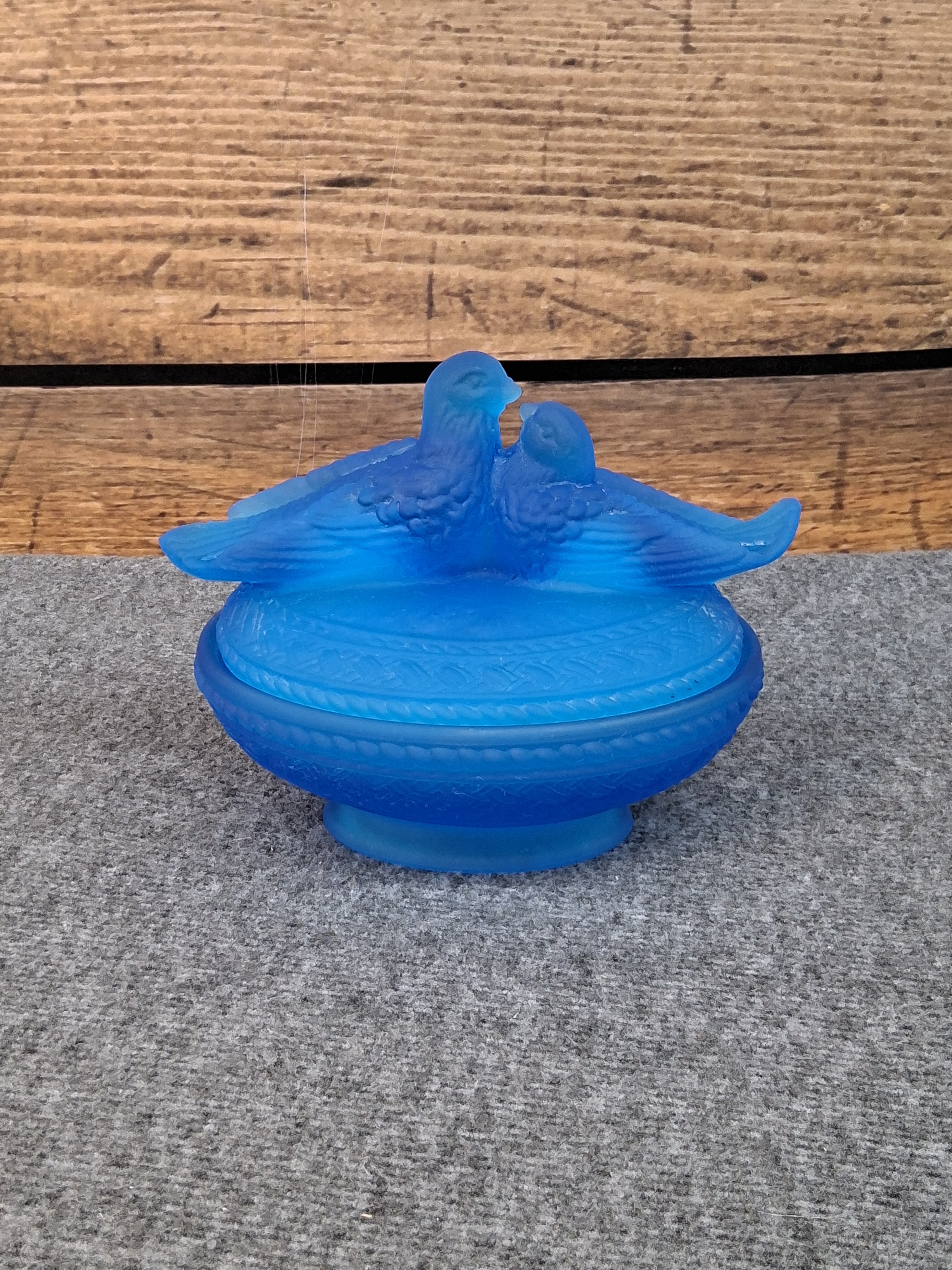 Vintage Blue Satin Glass Lovebirds Trinket Dish