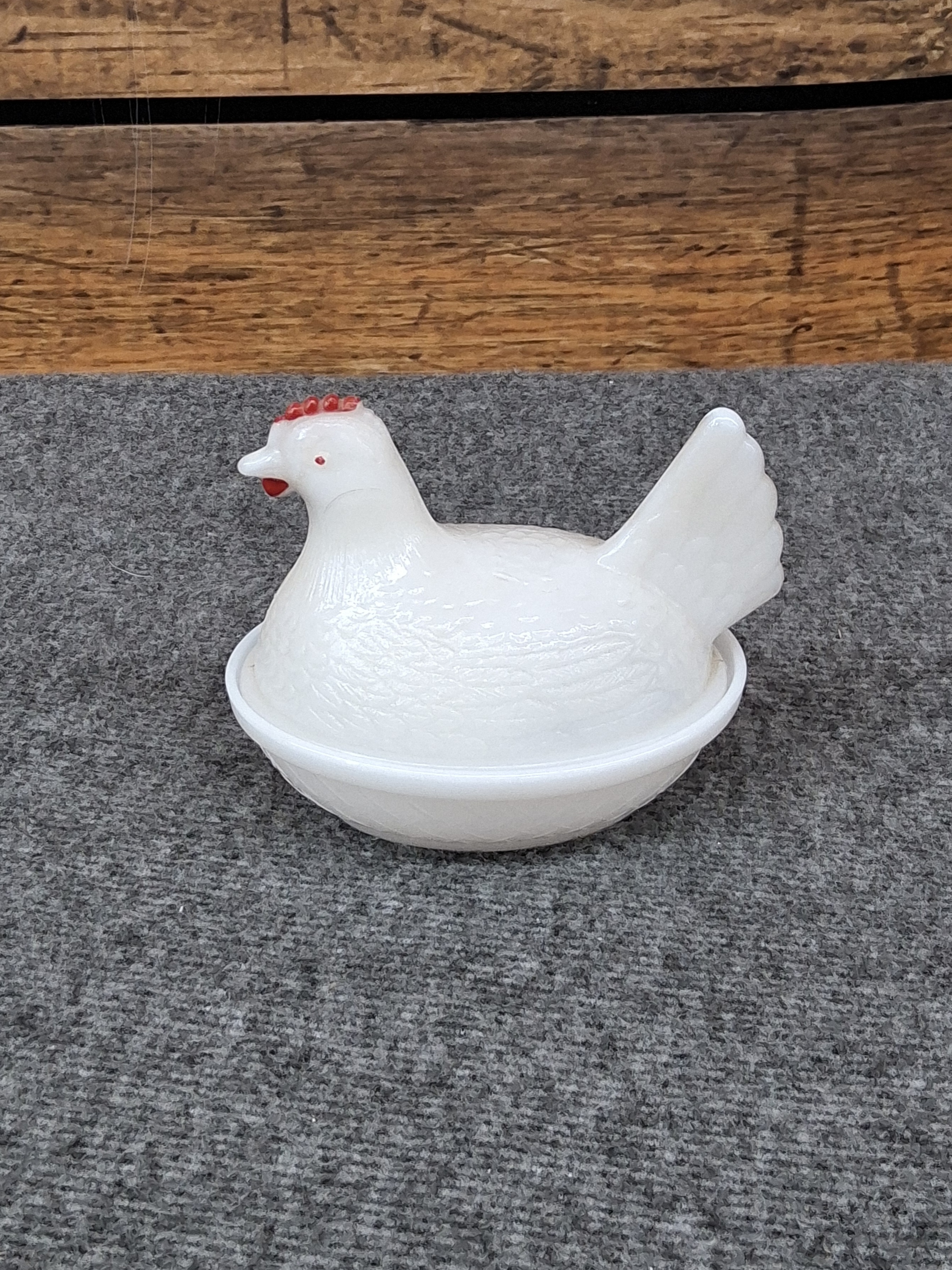 White Milk Glass Hen on Nest Dish w/ Red Accents